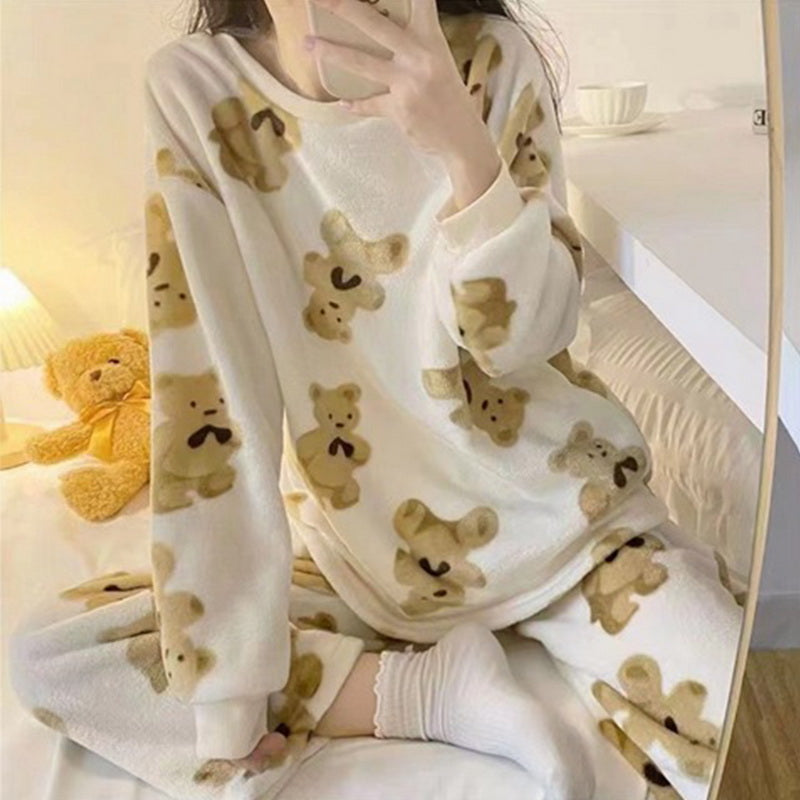 Our fluffy Autumn Winter Warm Flannel Women's Pajamas Set Long-Sleeved Trousers Two-Piece Set Cute Soft Home Wear Clothes For Women