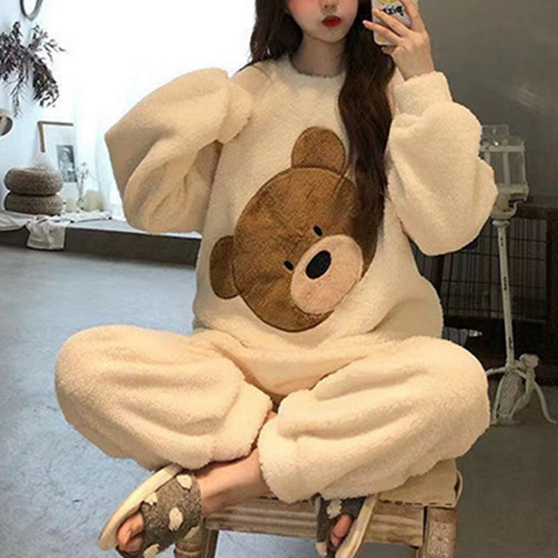 Our fluffy Autumn Winter Warm Flannel Women's Pajamas Set Long-Sleeved Trousers Two-Piece Set Cute Soft Home Wear Clothes For Women