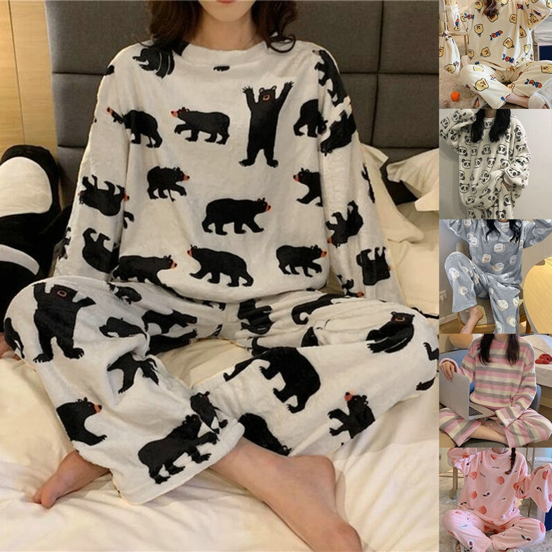 Our fluffy Autumn Winter Warm Flannel Women's Pajamas Set Long-Sleeved Trousers Two-Piece Set Cute Soft Home Wear Clothes For Women