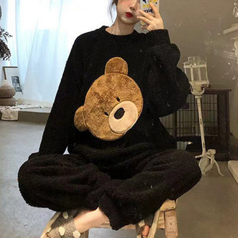 Our fluffy Autumn Winter Warm Flannel Women's Pajamas Set Long-Sleeved Trousers Two-Piece Set Cute Soft Home Wear Clothes For Women