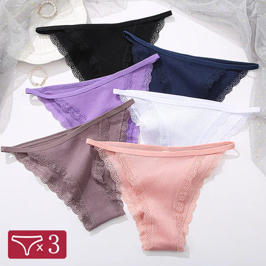 Our finetoo 3Pcs/Set Sexy Lace Cotton Briefs Women Solid Comfortable Panties Female Soft Underwear Breathable Intimates Lingerie