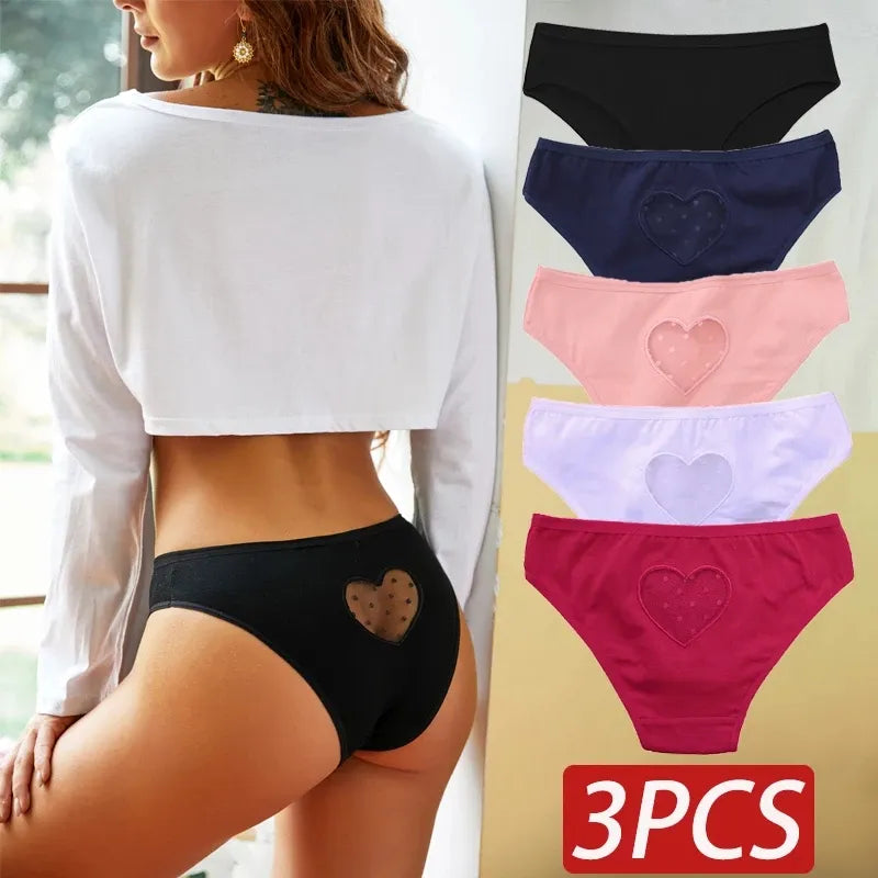 Our 3PCS Cotton Panties Women Sexy Transparent Heart Low-Waist Underpant Hollow Out Women's Cotton Briefs Seamless Lingerie M-XXL