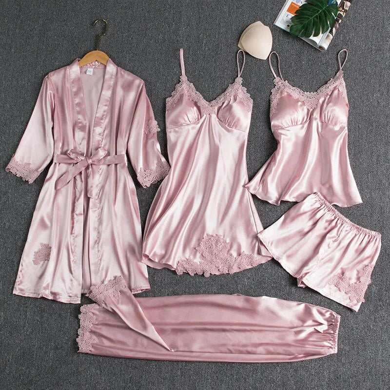 A special box for you beautiful Sleepwear Female 5PCS Pajamas Set Satin Bridal Wedding Nightwear Rayon Home Wear Nighty&Robe Suit