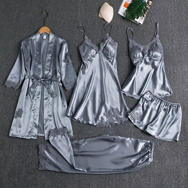 A special box for you beautiful Sleepwear Female 5PCS Pajamas Set Satin Bridal Wedding Nightwear Rayon Home Wear Nighty&Robe Suit