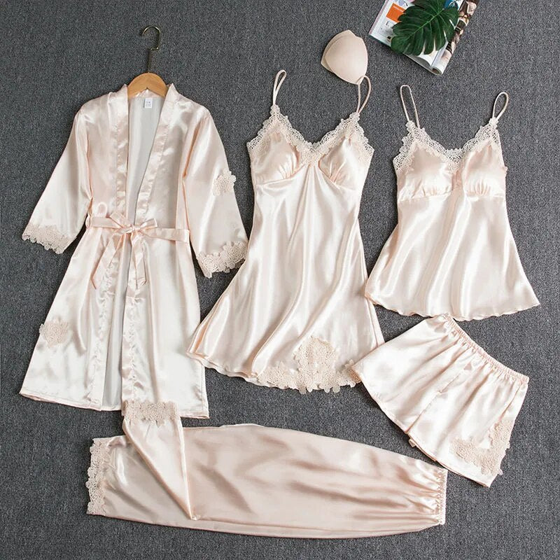 A special box for you beautiful Sleepwear Female 5PCS Pajamas Set Satin Bridal Wedding Nightwear Rayon Home Wear Nighty&Robe Suit