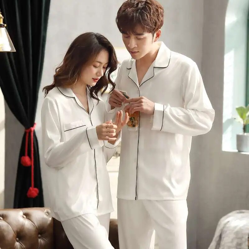 The New song of silk for two Solid Color Sleepwear Silk Satin Pajamas couple Set Long Button-Down Pajamas Suit Plus size