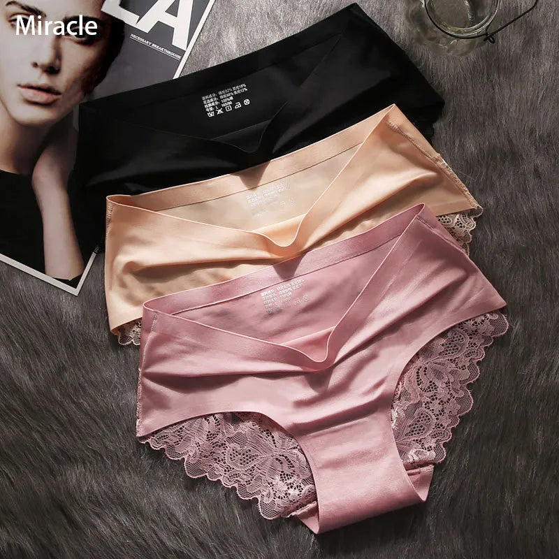 Our 3Pcs/Lot Women's silk Panties Sets Lace Seamless Underwear Female Silk Briefs Underpants Lady Panty Culotte Femme Woman Lingerie XXL