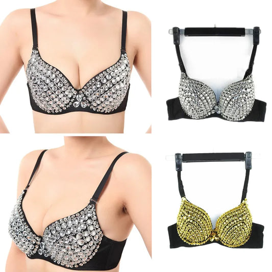 Our High Quality Sexy Bras Women Push Up Luxury Rhinestone Sequined Bra Lady Silver/Gold Punk Studded Sponge Dance Bras For Party