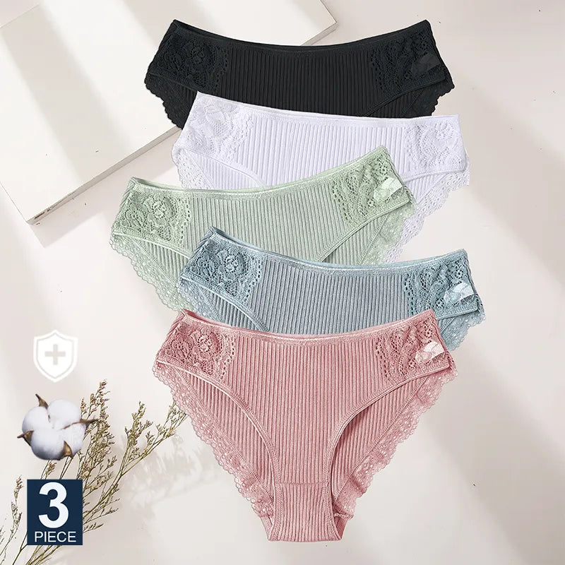 Our 3PCS Cotton Underwear Women's Panties Set Comfort Underpants Floral Lace Briefs For Woman Sexy Low-Rise Panties Intimates