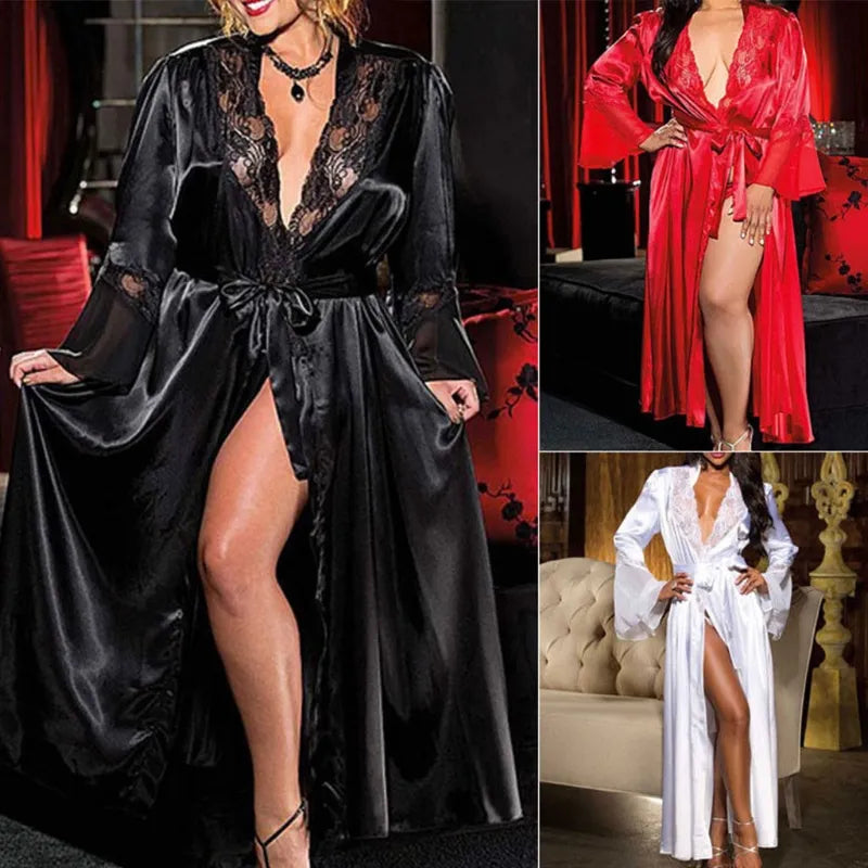 Victoria  soft silk Sleepwear Womens Sexy Long Kimono Dress Lace Bath Robe Lingerie Ice Silk Nightdress Solid Gown Nightwear Nightgown