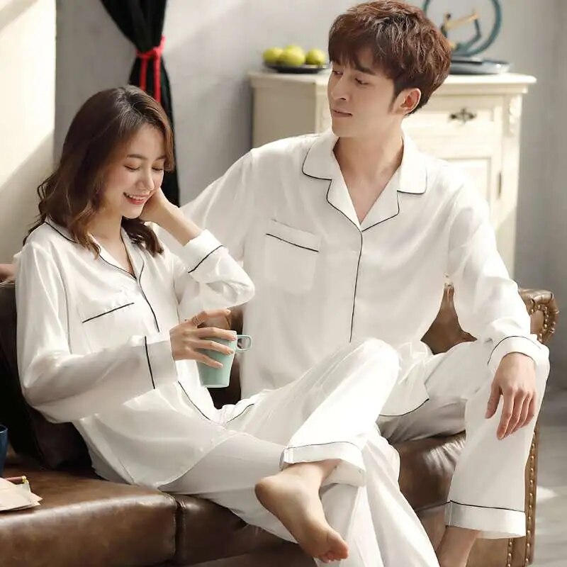 The New song of silk for two Solid Color Sleepwear Silk Satin Pajamas couple Set Long Button-Down Pajamas Suit Plus size