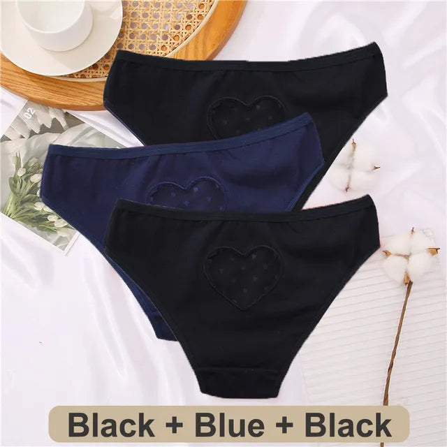 Our 3PCS Cotton Panties Women Sexy Transparent Heart Low-Waist Underpant Hollow Out Women's Cotton Briefs Seamless Lingerie M-XXL