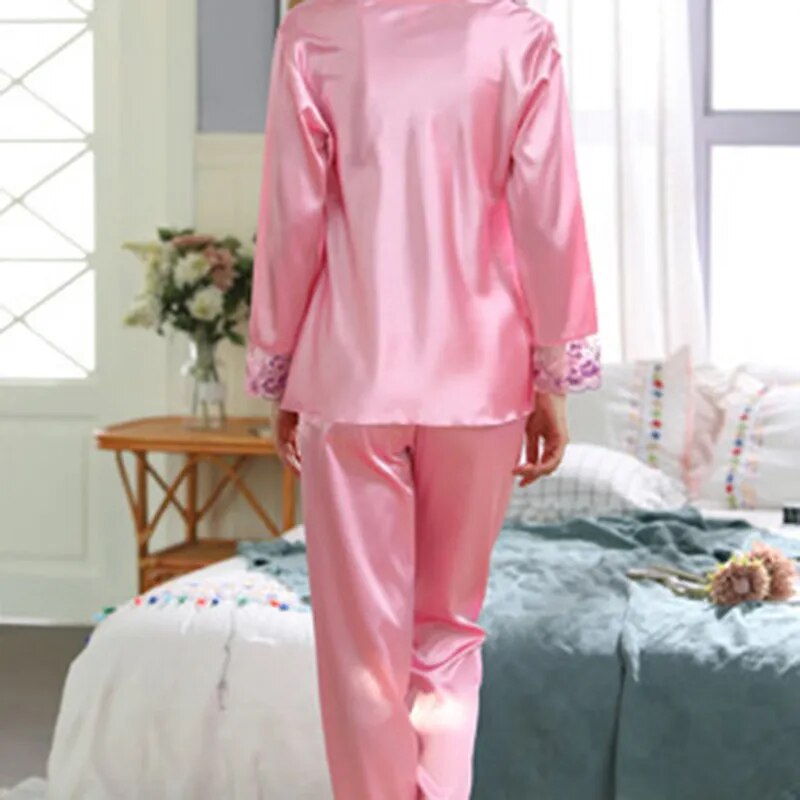 Our best home luxury silk pajamas for Women Pajamas Two-piece Long Sleeve Pants Lace Decoration Cloth Leisure Home wear Square Collar Design Nightgown