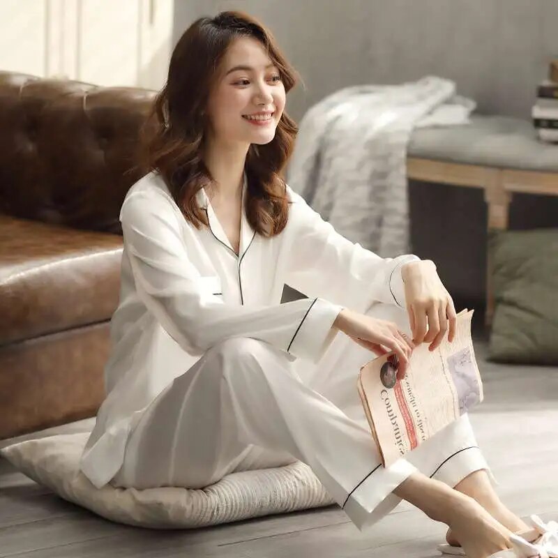 The New song of silk for two Solid Color Sleepwear Silk Satin Pajamas couple Set Long Button-Down Pajamas Suit Plus size