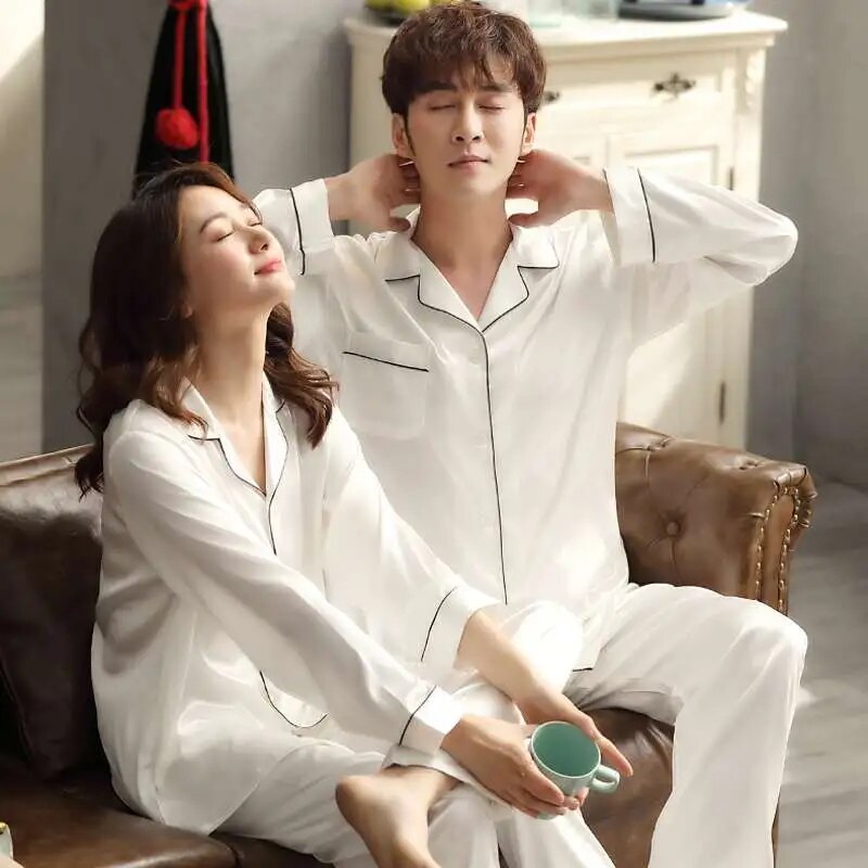 The New song of silk for two Solid Color Sleepwear Silk Satin Pajamas couple Set Long Button-Down Pajamas Suit Plus size