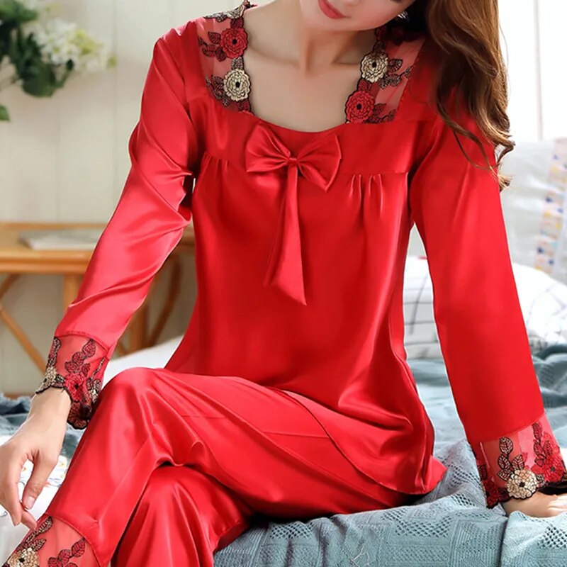 Our best home luxury silk pajamas for Women Pajamas Two-piece Long Sleeve Pants Lace Decoration Cloth Leisure Home wear Square Collar Design Nightgown