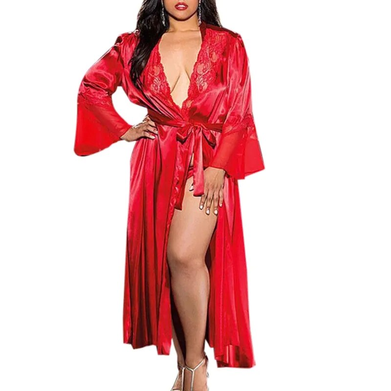 Victoria  soft silk Sleepwear Womens Sexy Long Kimono Dress Lace Bath Robe Lingerie Ice Silk Nightdress Solid Gown Nightwear Nightgown