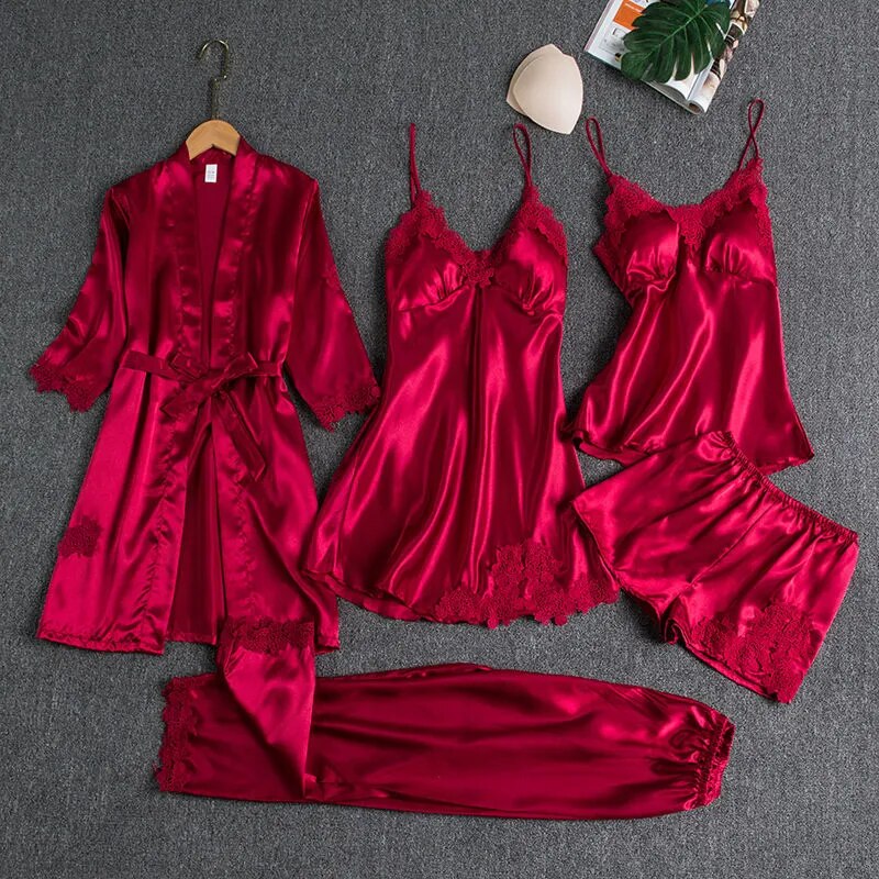 A special box for you beautiful Sleepwear Female 5PCS Pajamas Set Satin Bridal Wedding Nightwear Rayon Home Wear Nighty&Robe Suit