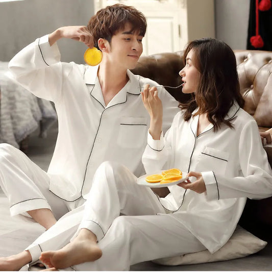 The New song of silk for two Solid Color Sleepwear Silk Satin Pajamas couple Set Long Button-Down Pajamas Suit Plus size