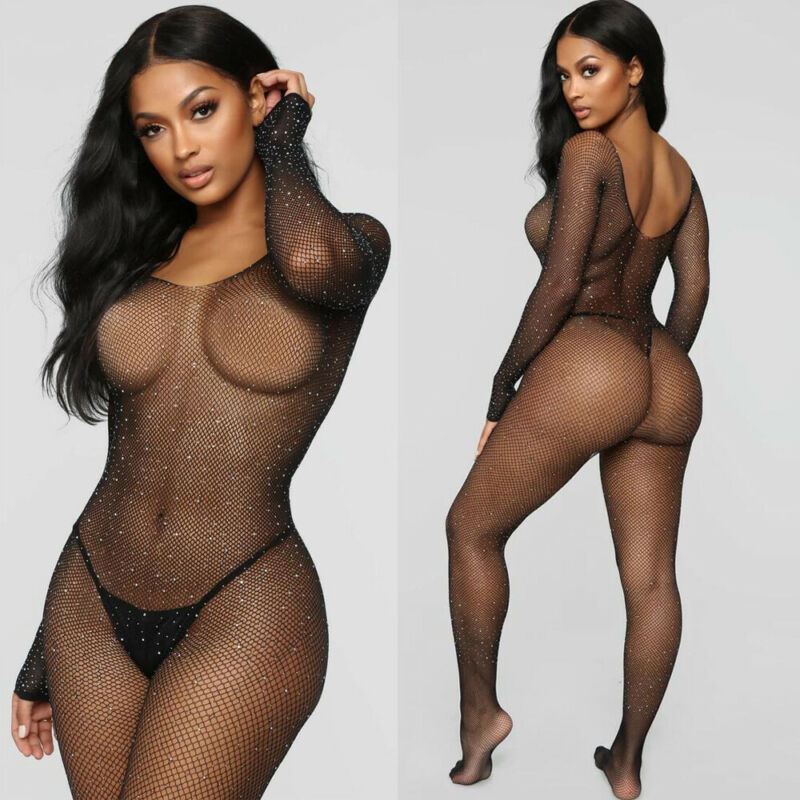 woman Sexy Lingerie Bling Rhinestone Fishnet teddies and Bodysuit Transparent Dress Women Mesh Tights Sexy Exotic Body Socks for hot night