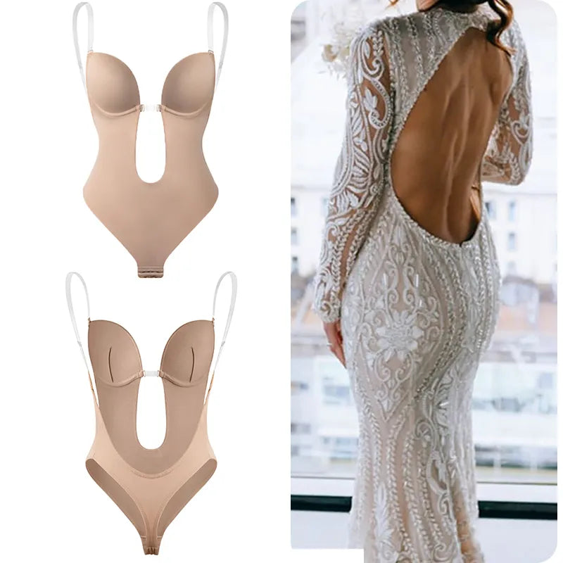 Margarita Bodysuit Shape-wear Deep V-Neck Body Shaper Backless U Plunge Thong Shapers Waist Trainer Women Clear Strap Padded Push Up Corset