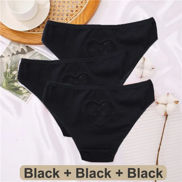 Our 3PCS Cotton Panties Women Sexy Transparent Heart Low-Waist Underpant Hollow Out Women's Cotton Briefs Seamless Lingerie M-XXL