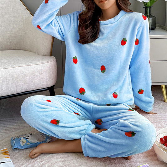 Puiman Women Pajamas Sets Autumn Winter Warm Flannel Strawberry Coral Long Sleeve Girls Sleepwear Casual Fleece Pajamas Home wear