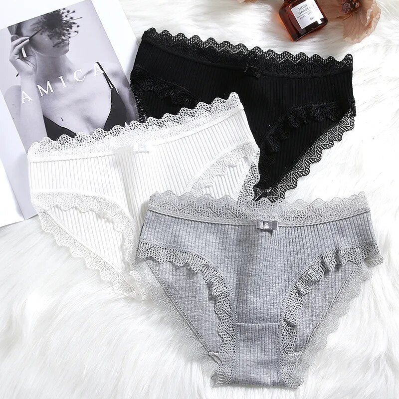 Our Bazel 3PCS/Set Women's Panties Breathable 100%Cotton with floral part spandex Underwear Female Lace Bows Briefs Comfortable Lingerie Simple Striped Underpants