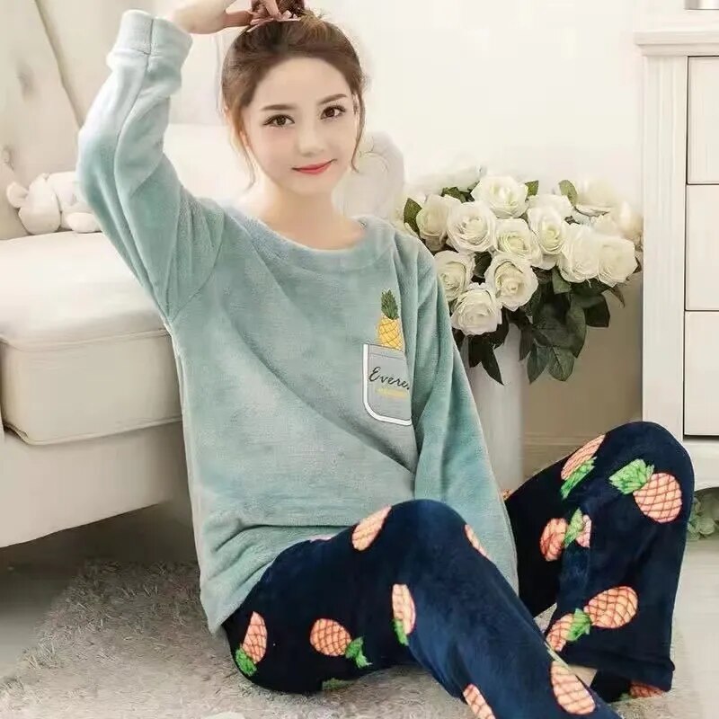 Our Flopy Flannel Women's Pajamas Sets Autumn Winter Sleepwear Love Printed Striped Velvet Pajama Ladies Pajama Set