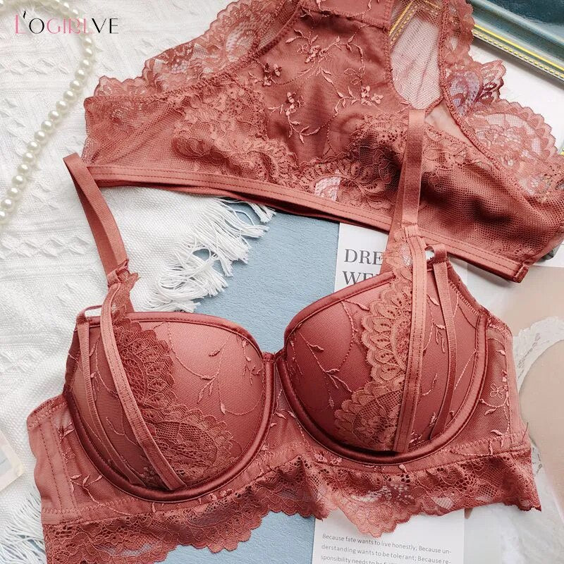 Our girl viviane Embroidery Sexy Underwear Set of two Lace Brassiere Deep V Thick Cotton Women Push Up Bra and Panties Set Brand Lingerie