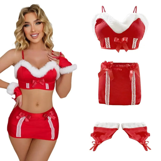 Santa is coming Christmas Nightwear Uniforms Women Sexy Lace Transparent Babydoll Dress New Year Red Lingerie Set