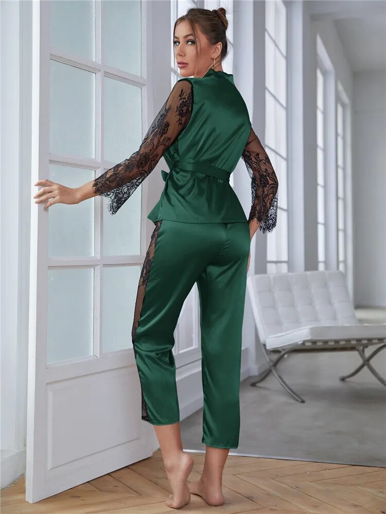 Our sexy luxury pajama for Women's Satin Pajamas Set Gorgeous Sleeve Top with Pant Contrast Lace Lounge Wear Hollow Out 2pcs Sleepwear