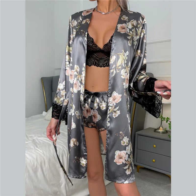 Christine Sexy Bathrobe pajamas Allover Leopard Print Nightdress Mesh Nightwear Cozy Belted Robe Lingerie Satin Pajamas