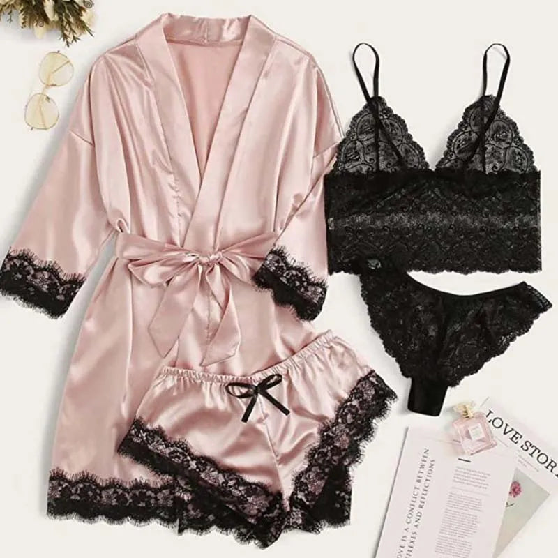 Diana 4 Pieces Woman Sleepwear Pajamas Set With Robe Sexy Lace Lingerie Bathrobe Silk Satin Home Clothed Nightwear Robe