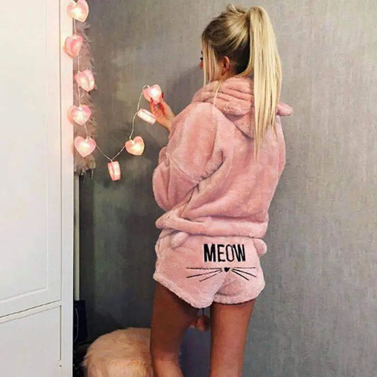 Meow Women Pajamas Suit Fur Long Sleeve Sleepwear Flannel Warm Velvet Cute Tops And Shorts Sleep Home wear