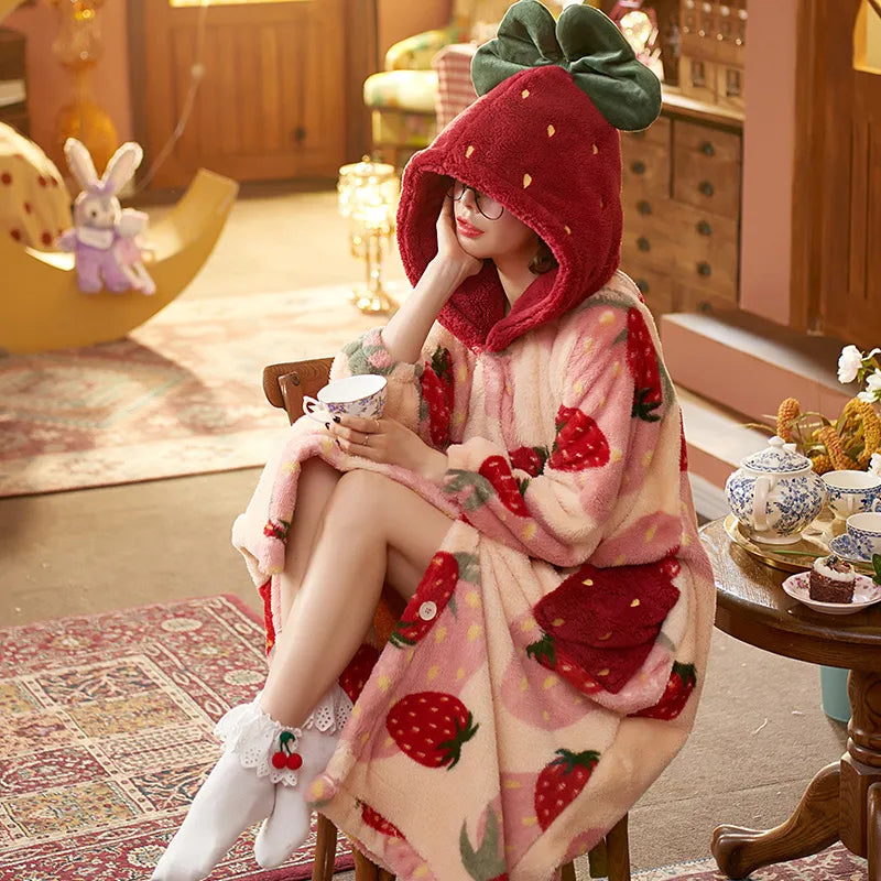 Charlotte in strawberry Winter Pajamas For Women Cartoon Hooded Long Robe Jacket Cute Home Wear Sleepwear Flannel Warm Comfy Lounge Bathrobe