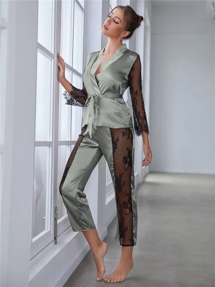 Our sexy luxury pajama for Women's Satin Pajamas Set Gorgeous Sleeve Top with Pant Contrast Lace Lounge Wear Hollow Out 2pcs Sleepwear