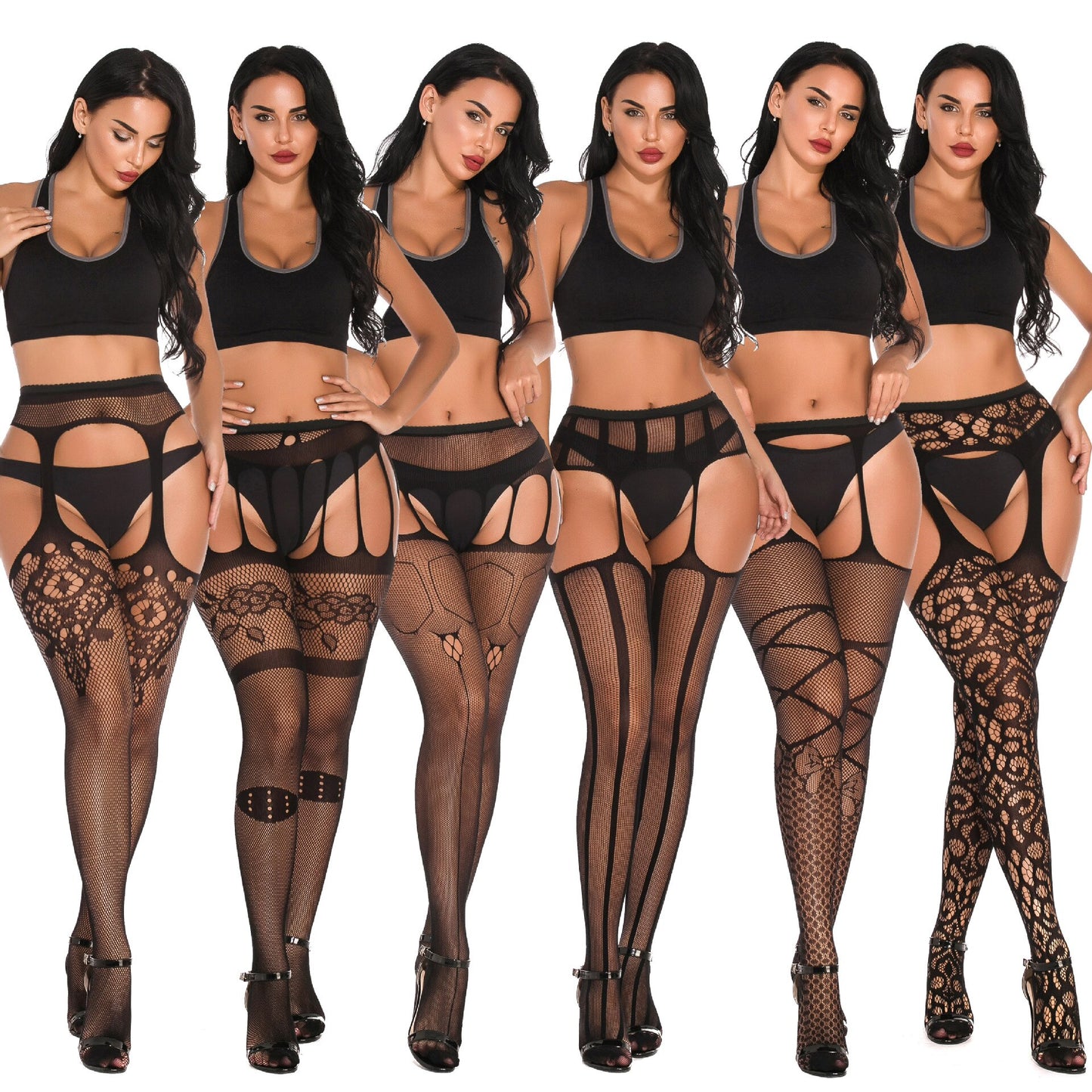 Women Fishnet Sexy Body Stockings Garter Belt Lace Hollow Elastic Mesh Black Stocking Underwear Pantyhose Tights Lingerie for a night time set of two