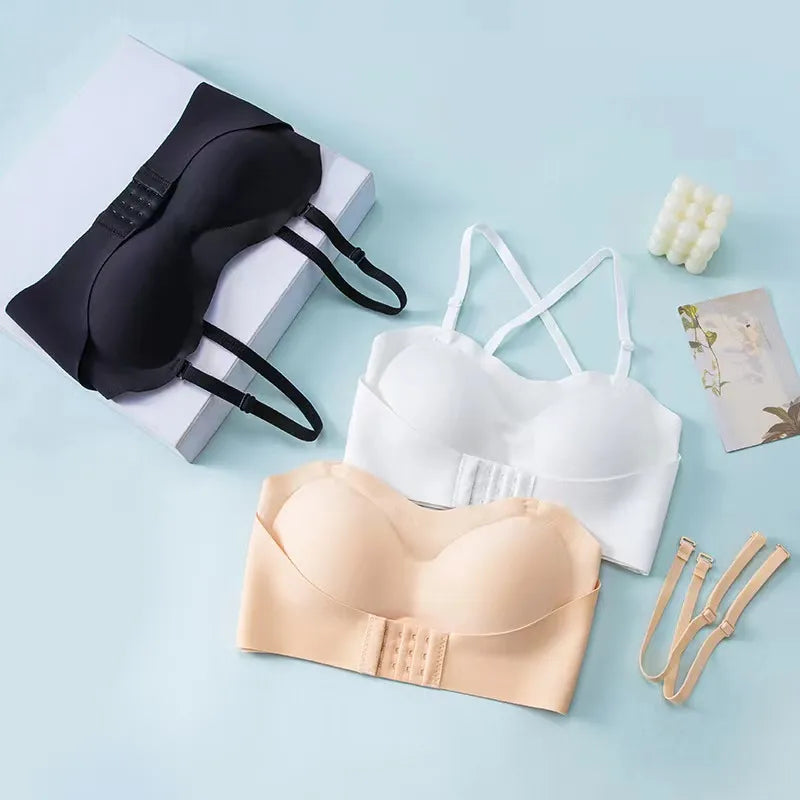 Out strapless Front Buckle Gathered Non-slip, Anti-sagging, No Trace, No Steel Ring, Women's Underwear, Invisible Strapless Women's Bra Strap