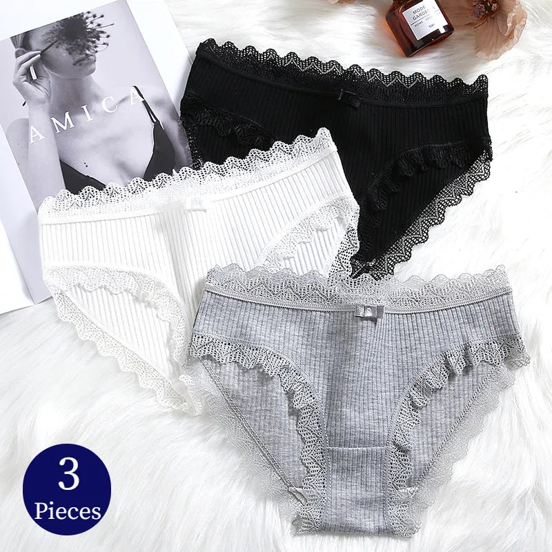 Our Bazel 3PCS/Set Women's Panties Breathable 100%Cotton with floral part spandex Underwear Female Lace Bows Briefs Comfortable Lingerie Simple Striped Underpants