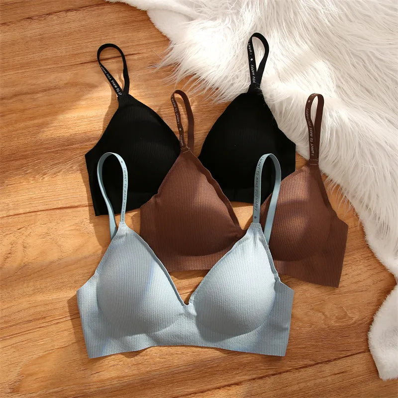 Our finetoo Women Wireless Bra Deep V Padded Bralette S-XL Trendy Stripe Knitting Bras Sexy Ladies Brassiere Solid Underwear 6 Color