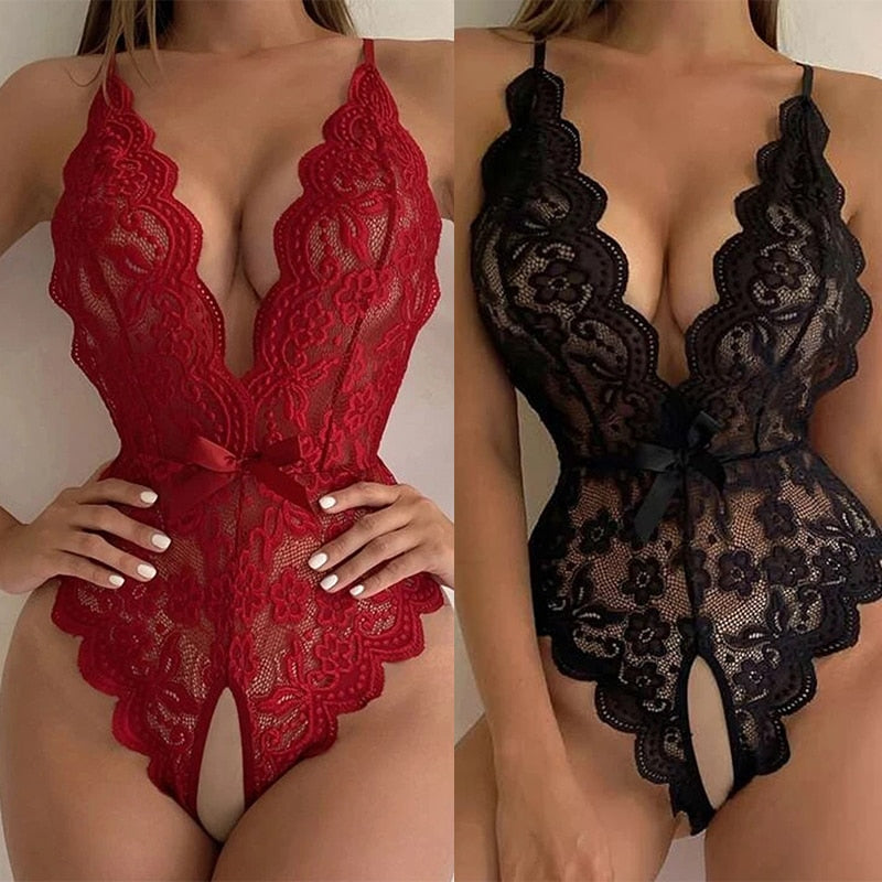 Woman Sexy Lingerie Sleepwear for an open hot night bottomless Bodysuit Teddies and bodysuits Transparent Lace Lingerie Deep