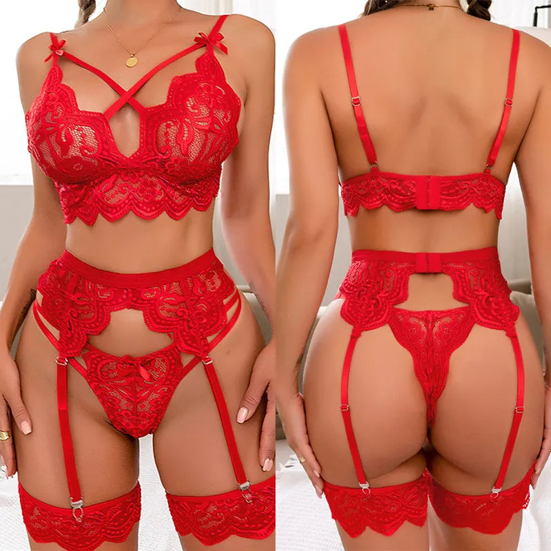 Envy Sexy Lingerie Women Body Exotic Sets 3 Pcs Bra and Panty Garters See Through