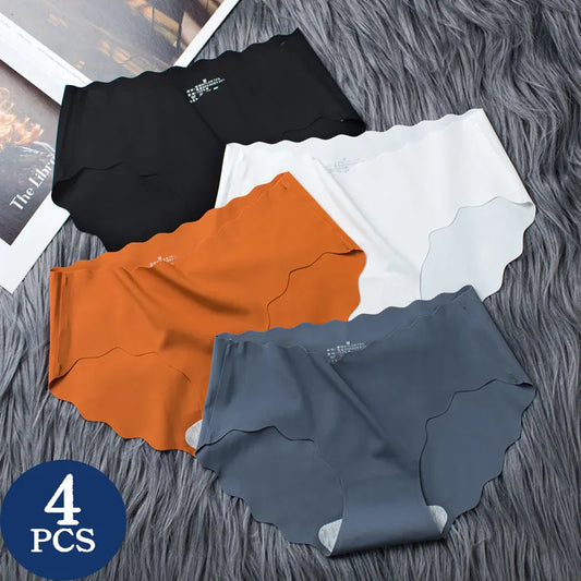 Our 4Pcs/Set Seamless Underwear Silk Women's Panties 3XL Tangas Lady Ruffle Underpants 4 Pieces Girls Briefs Panty Sexy Lingerie 4PC