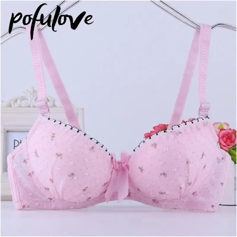 Our Bra for Teenage Girl Lolita Style Pink Push Up Bras Floral Lace Underwear Cute Sweet Bralette with Underwire Gathered Brasiere