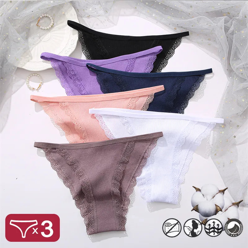 Nani 3PCS Women Sexy Lace Panties Cotton cheeky/ hipster Underwear Solid Color Bikini Low Waist Breathbale Underpants Female Soft Intimates Lingerie