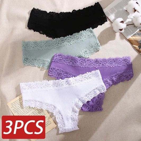 Kayna 3PCS Lace Seamless Cotton Panties Ribbed Brazilian Pants Low Waist Women Panties Breathable Girls Underwear Plus Size Lingerie