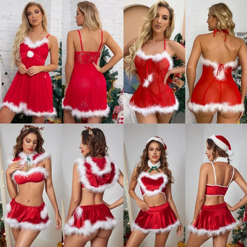 Santa is coming Christmas Nightwear Uniforms Women Sexy Lace Transparent Babydoll Dress New Year Red Lingerie Set