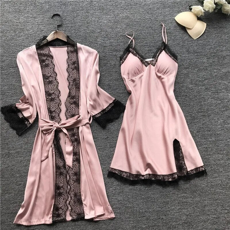 Cartie 4PCS/Set Sleep Suit Women Lace Set Sexy V-Neck Cami Nighties Comfortable Pajamas Nightwear Nightdress Fashion Home Clothes