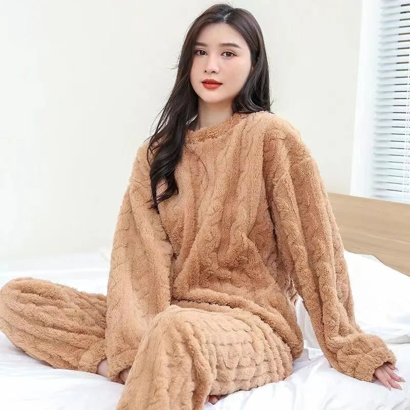 Our pretty fluffy Autumn Women Solid Warm 2 Piece Sets Thicken Velvet Ribbed Fleece Set Pullover And Pants Women Casual Pajama Sets